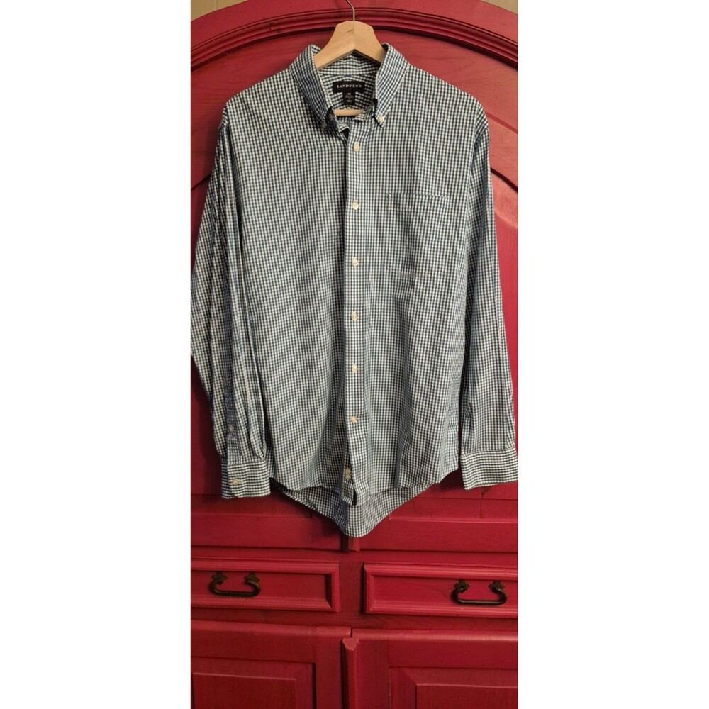 NWOT Lands End M 15-15.5 Traditional Fit Teal Gingham Check One Pocket